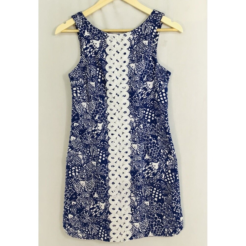 Lilly Pulitzer Jumper Dress Women's Size 2 Blue White Pink Embroidered Back Zip